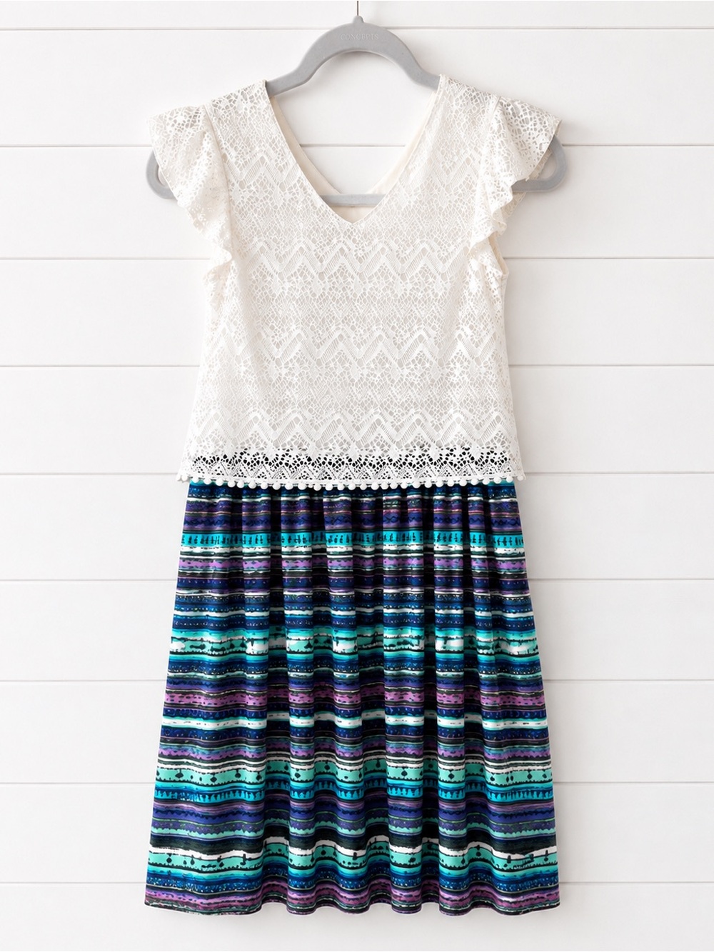 Girls' White Lace Top & Blue Striped Skirt Dress USED